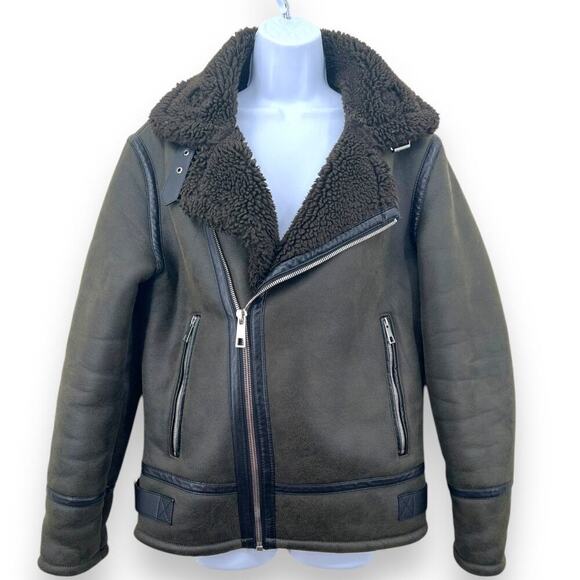 Zara Womens Small Green Faux Leather Shearling Double Faced Aviator Coat Grunge - Picture 1 of 11